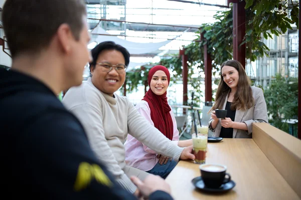 Vier Personen sitzen an einem Tisch in einem hellen, gemütlichen Raum mit vielen Pflanzen. Sie lächeln und sprechen miteinander. Auf dem Tisch stehen verschiedene Getränke, darunter zwei Tassen Kaffee und ein grüner Smoothie.