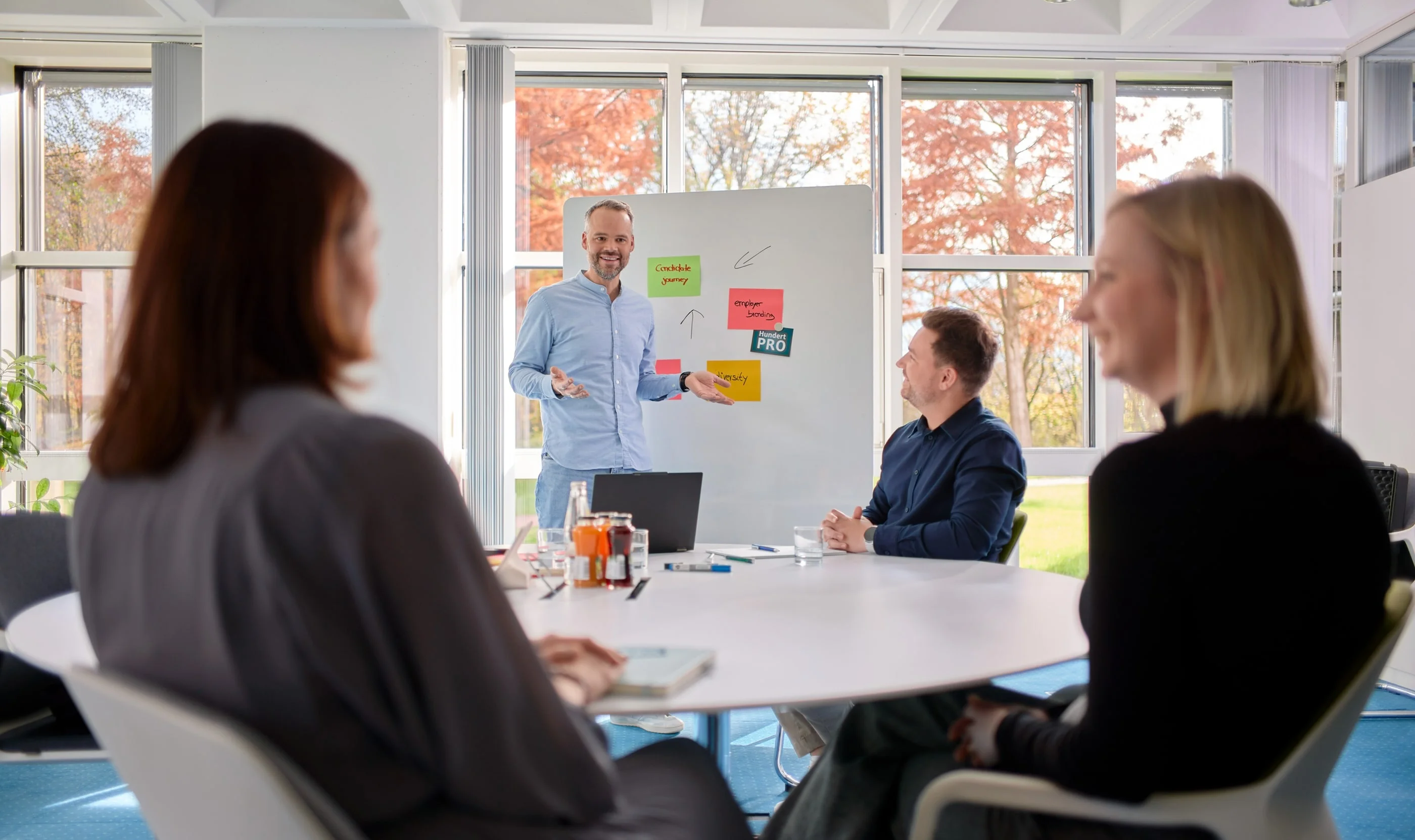 Ein Mann präsentiert an einem Whiteboard in einem hellen Besprechungsraum. Er spricht zu drei Personen, die am Tisch sitzen und aufmerksam zuhören. Auf dem Whiteboard sind farbige Notizen angebracht, die Teil der Präsentation sein können.