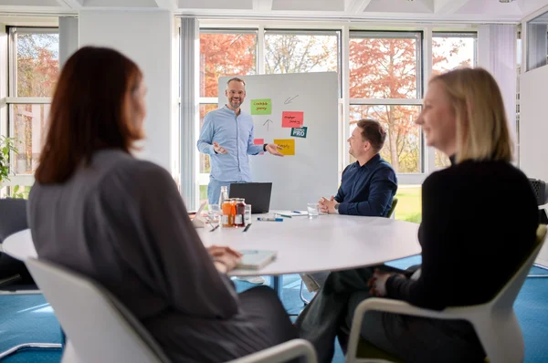 Ein Mann steht an einem Flipchart und präsentiert Ideen. Vor ihm sitzen drei Personen an einem runden Tisch, die aufmerksam zuhören. Der Raum hat große Fenster mit Blick auf Bäume. Es herrscht eine professionelle und kreative Atmosphäre.